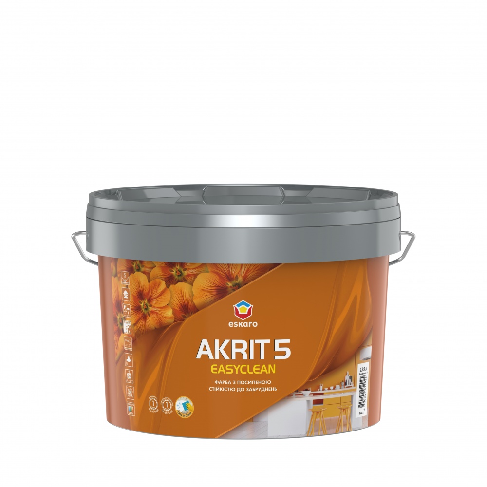 Фарба інтер'єрна акрилова Eskaro Akrit 5 Easyclean мат Білий 2,85л 3,56кг