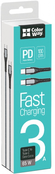 Кабель ColorWay USB Type-C - USB Type-C (PD Fast Charging 65W) 3А 1 м grey (CW-CBPDCC040-GR) 