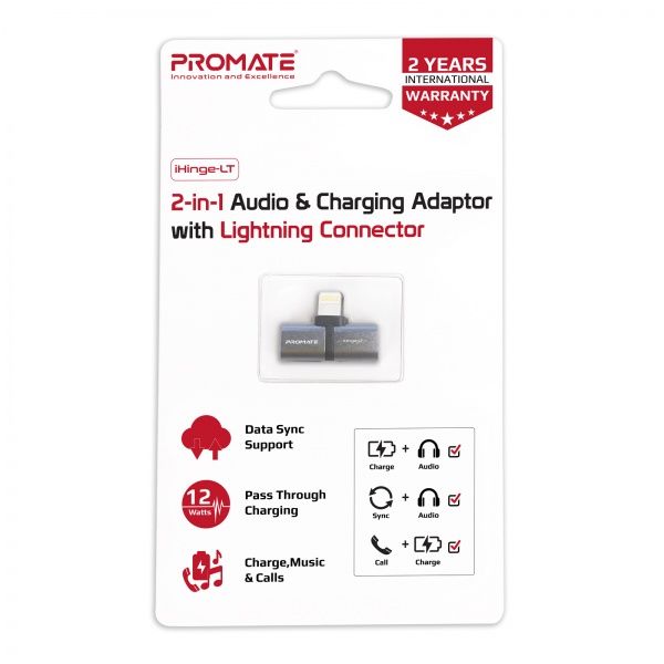 Перехідник Promate iHinge-LT 2 в 1 Lightning to Lightning Audiо & Sync/Charge Black сірий (ihinge-lt.grey) 