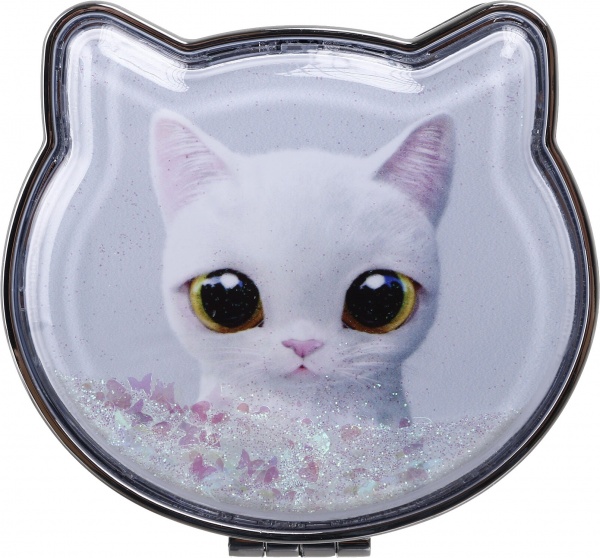 Зеркало карманное косметическое Лідер Канц Котик с сыпучими блестками фигурное 12 вариантов в ассортименте 