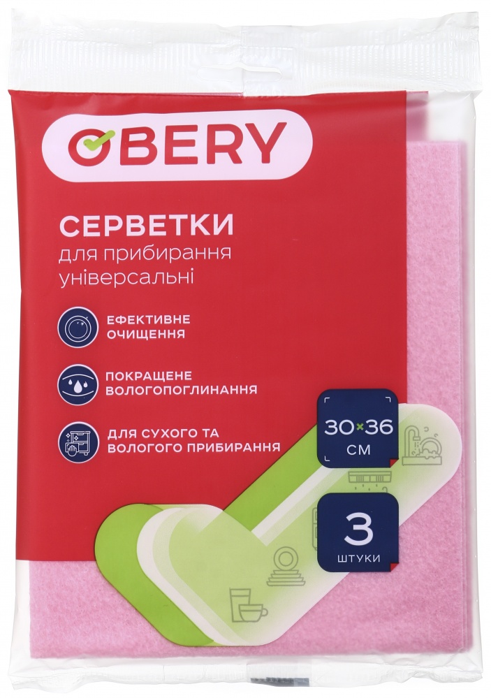 Набір серветок універсальних OBERY для прибирання 30 х 36 см 3 шт./уп.