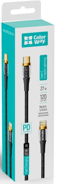 Кабель ColorWay Type-C - Apple Lightning (Transparent Head) (PD Fast Charging 27W) 3А 1,2 м чорний (CW-CBPDCL057-BK) 