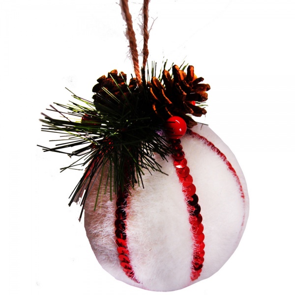 Куля новорічна пухнаста з червоною стрічкою 10 см 9224-2 білий