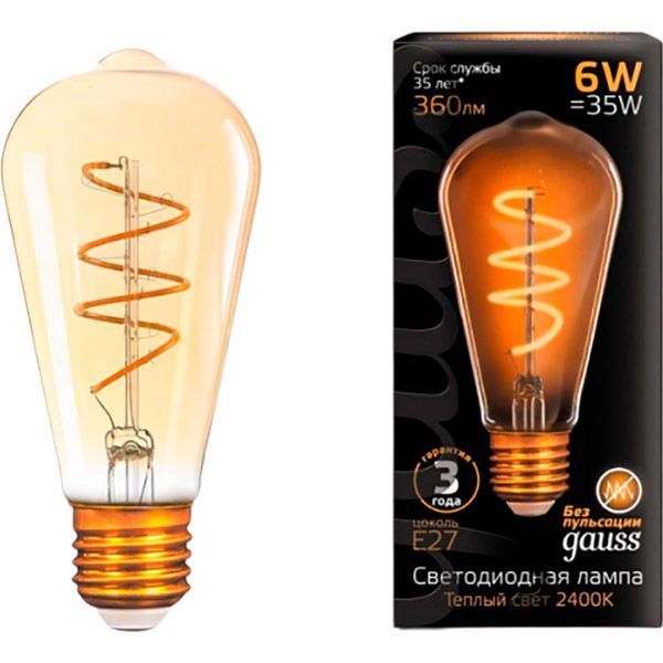 Лампа світлодіодна Gauss FL Golden ST64 6 Вт E27 2400 К 220 В прозора 