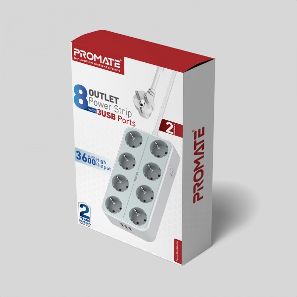 Мережевий фільтр Promate 11-в-1 PowerCord8EU-2M 8 розеток і 3 USB порта із заземленням 8 гн. white 2 м powercord8eu-2m.white{