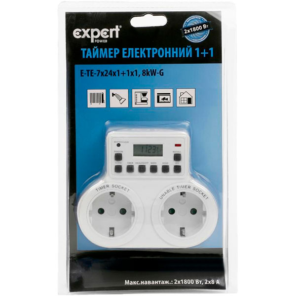 Розетка з таймером із заземленням 1+1 E-TE-7x24x1+1x1.8kW