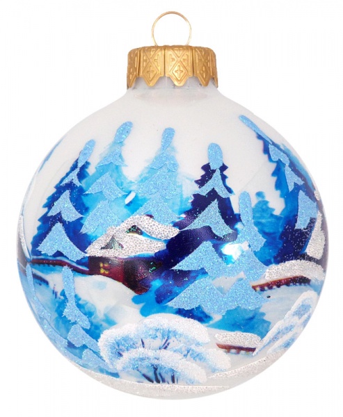 Шар стеклянный с пейзажным рисунком 80 мм белый перламутровый 80Dпз(3)/1