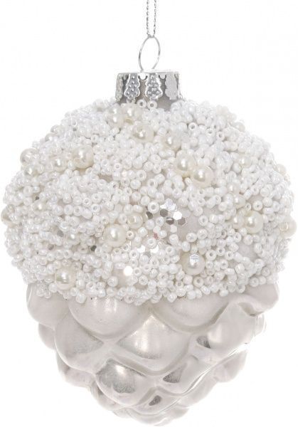 Елочная игрушка Шишка с бусинками серебристая 11 см 