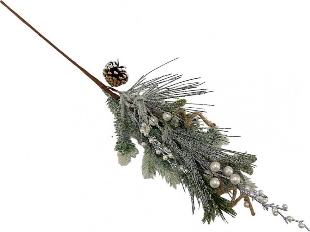 Декорация ветвь хвойная с шишками жемчугом и завитками забеленная 59 см EYK22-1161