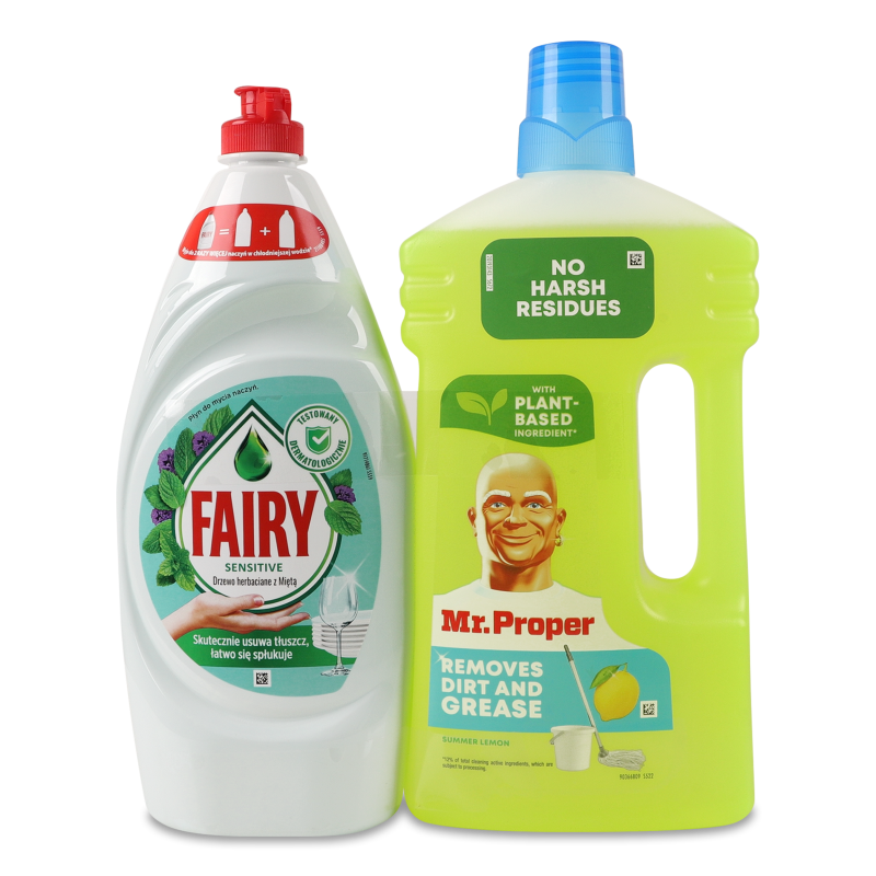 Набор Fairy Средство для мытья посуды Чайное дерево и мята 900 мл + Средство для мытья пола Mr. Proper Лимон 1л