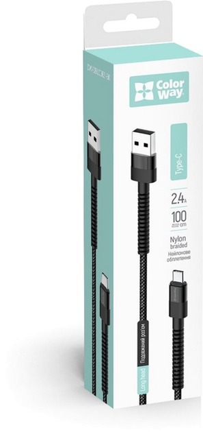 Кабель ColorWay USB - Type-C (nylon - long head) 2.4А 1 м чорний (CW-CBUC063-BK)
