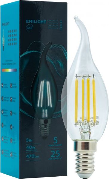 Лампа світлодіодна Emilight FIL CA35 5 Вт E14 4000 К 220 В прозора 