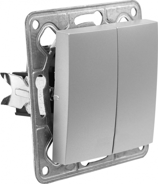 Выключатель двухклавишный LXL Tesla TLXL3504A без подсветки серебряный 3504A silver