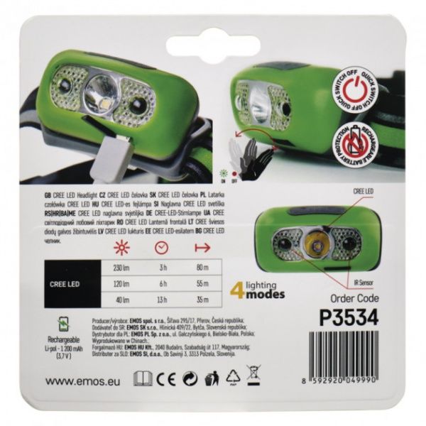Ліхтарик на голову Emos 5W 230Lm Li-Pol P3534 зелений