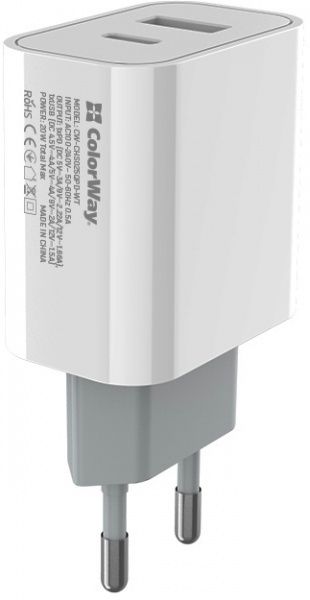 Сетевое зарядное устройство ColorWay (Type-C PD + USB QC3.0) 20W V2 белый CW-CHS025QPD-WT