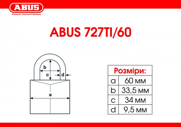 Замок навісний Abus 727TI/60 2240633190015 відкритий (амбарний) 