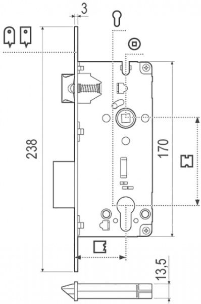 Дверний замок врізний AGB Sicurezza матовий хром