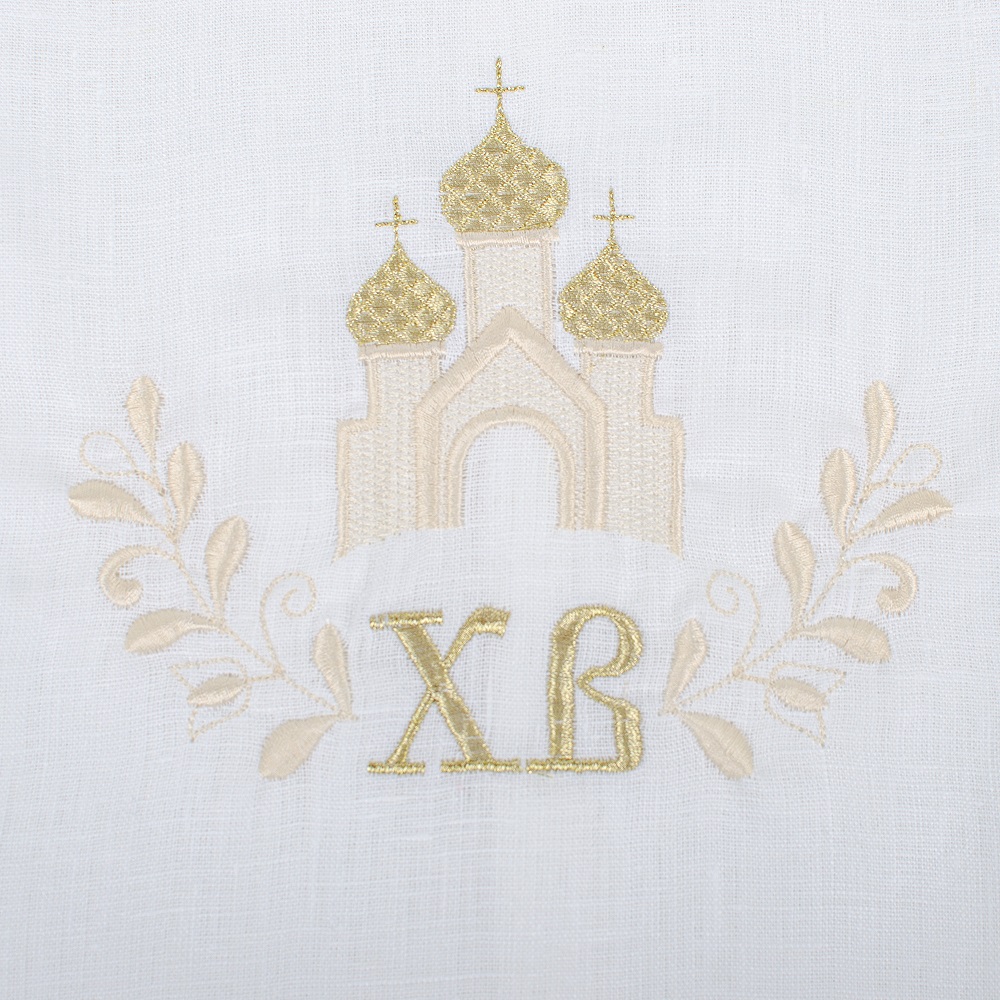 Рушник великодній з мереживом Церква 40x75 см білий із золотим