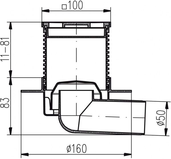 Душовий трап MCH з горизонтальним підключенням DN50, h 94-164 мм решітка з нержавіючої сталі
