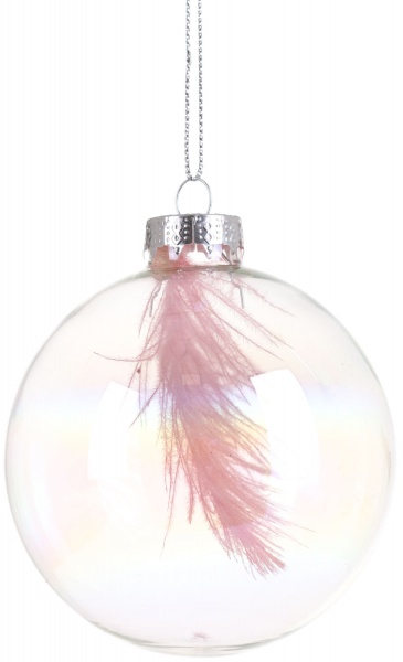 Елочная игрушка в форме шара прозрачная с перьями 8 см 