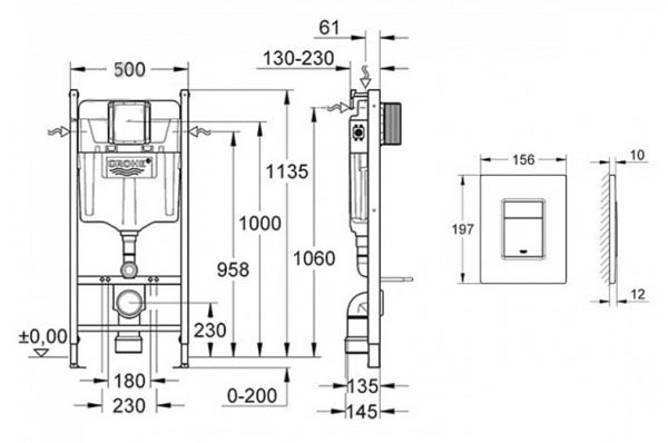 Комплект инсталляции Grohe SOLIDO без верхней перекладины с круглой кнопкой хром глянцевый