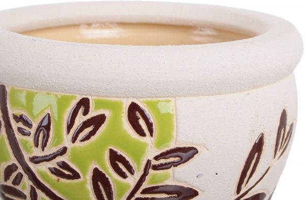 Горшок Viet Thanh Ceramic с блюдцем веточка 16х13 см VT.11004-3 круглый белый с салатовым 