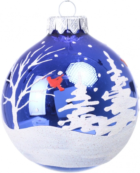 Куля новорічна з простим пейзажним малюнком d 80 мм помаранчевий