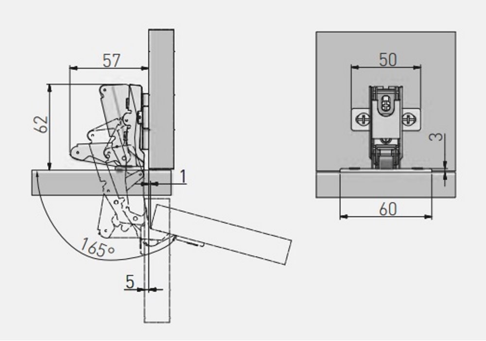 Петля кутова GTV 165° Slide-On без доводчика ZP-KT165H2BE