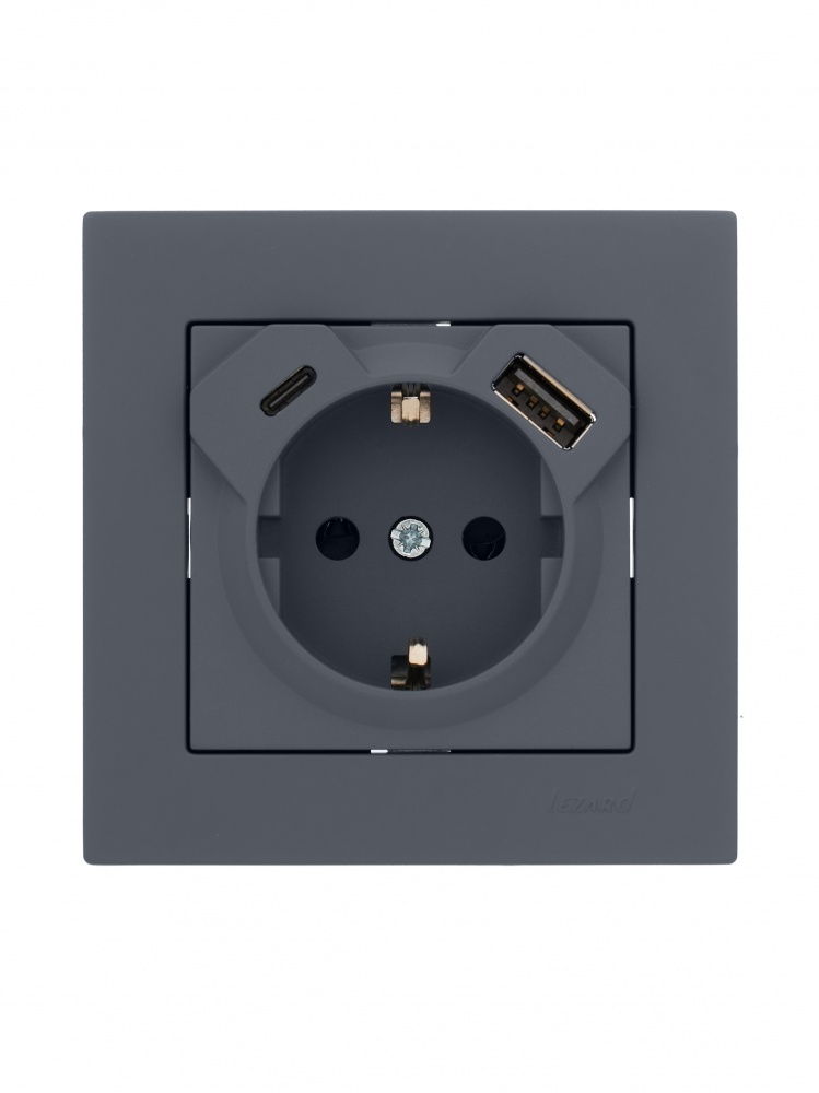 Розетка побутова + USB + Type C із заземленням Lezard Vesna шефілд грей 742-3488-181TC
