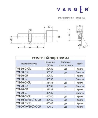 Цилиндр Vanger YM-60-CR 30x30 ключ-ключ 60 мм хром