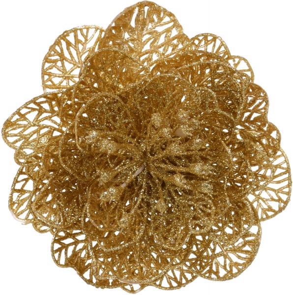 Цветок декоративный новогодняя средняя золотая присыпка 16 см с зажимом