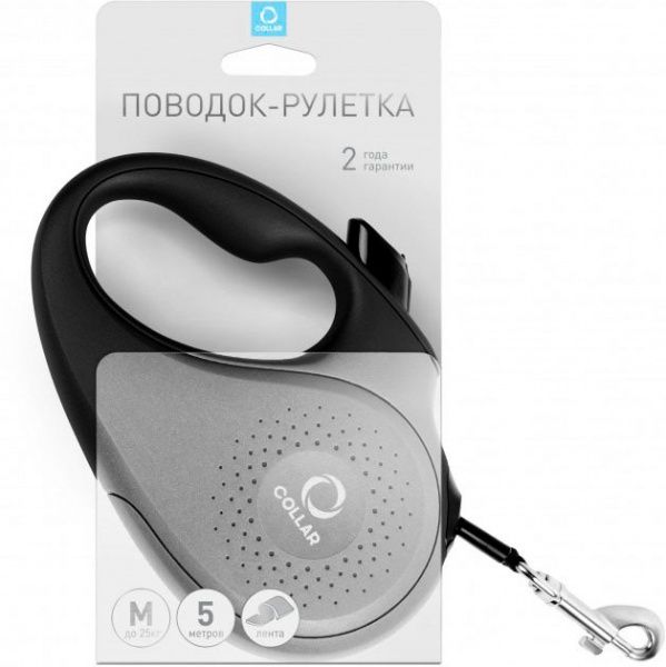 Поводок-рулетка Collar для собак M 25 кг 5 м лента черный
