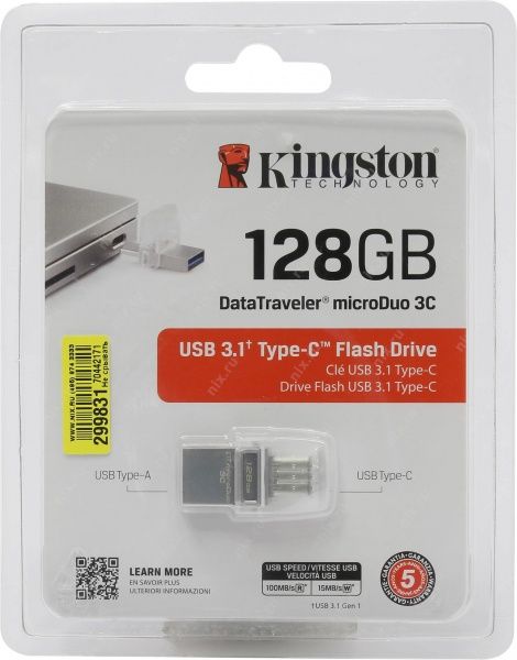 Флеш-пам'ять USB Kingston DataTraveler microDuo 3C 128 ГБ USB 3.1 silver (DTDUO3C/128GB) 