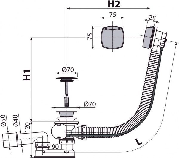 Сифон для ванны Alca Plast автомат комплект хромированный (пробка d70хd70) A51CRM