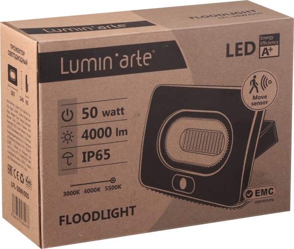 Прожектор з датчиком руху LuminArte 50 Вт IP65 чорний 