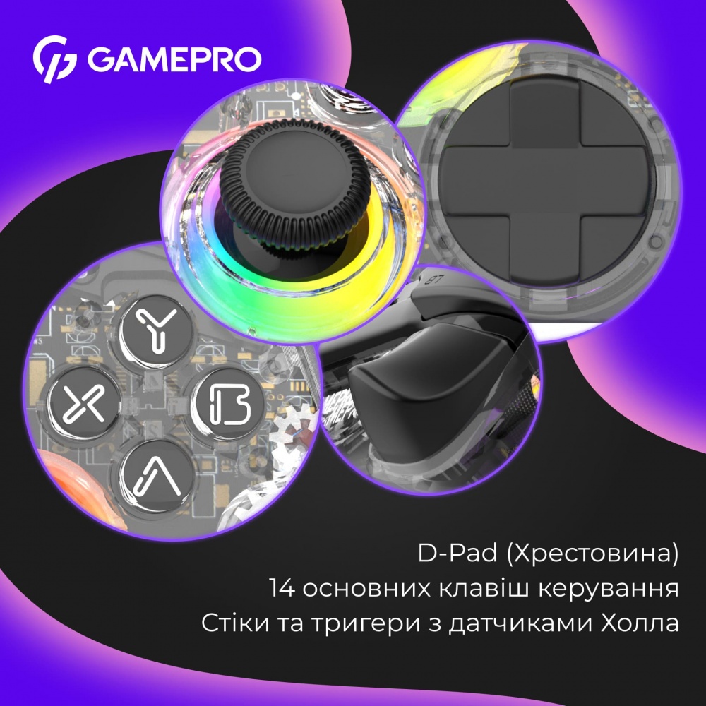 Геймпад беспроводной GamePro GPX13T 2.4G/BT 5.1/USB (Switch/PC/iOS/Android) RGB transparent
