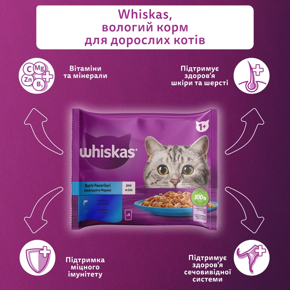 Корм вологий для котів Whiskas тунець, лосось в желе 4х85 г