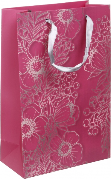 Пакет подарочный LL-1 D-1143 розовый серебряные цветы с лаком глитер.