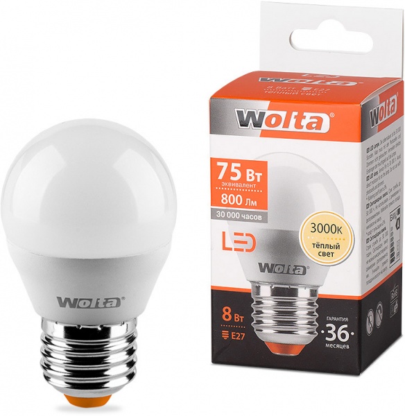 Лампа светодиодная Wolta 8 Вт G45 матовая E27 220 В 3000 К 25Y45GL8E27 