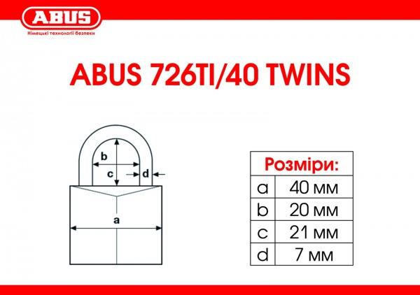 Замок навісний Abus 726TI/40 Twins 2240633189019 відкритий (амбарний) 