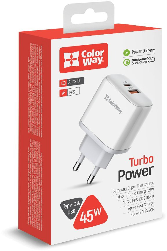 Мережевий зарядний пристрій ColorWay Power Delivery Port PPS USB (Type-C PD + USB QC3.0) (45W) білий CW-CHS042PD-WT