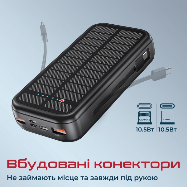 Універсальна мобільна батарея Promate 20000 mAh black (solartank-20pdci.black) SolarTank-20PDCi 20 000 mAh із сонячною