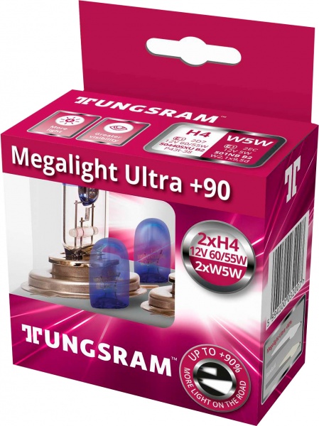 Лампа галогенная Megalight Ultra +90% 50440SXU 2XMLU90 +2X501NB KIT/4 TU H4 P43t 12В 60/55 Вт 2 шт. 3200 K