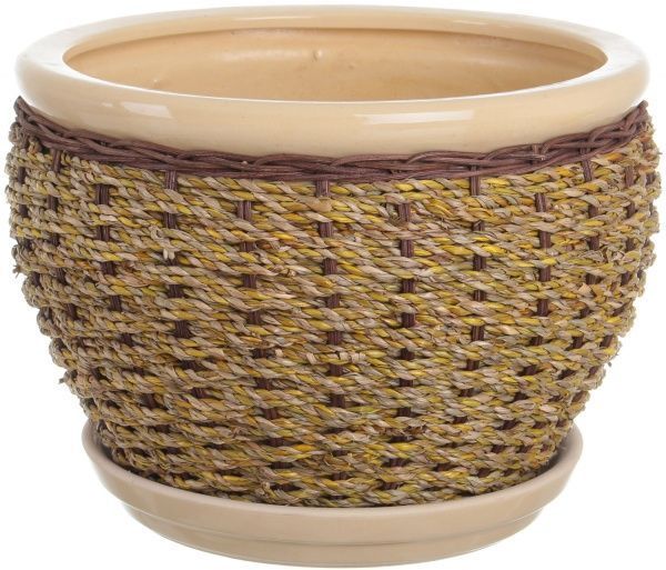 Горшок Viet Thanh Ceramic с блюдцем плетеный 30х21 см VT.10875-1 круглый бежевый с коричневым 