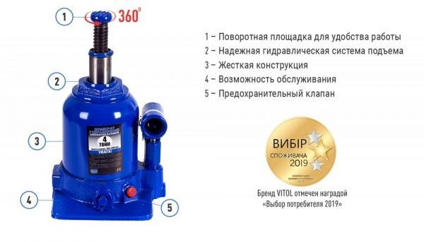 Домкрат гидравлический Vitol 2-штоковый TF0402 4 т