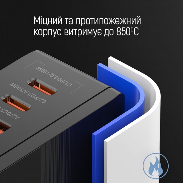 Мережевий зарядний пристрій ColorWay Power Delivery GaN (2USB-A+2USB TYPE-C) (100W) чорний