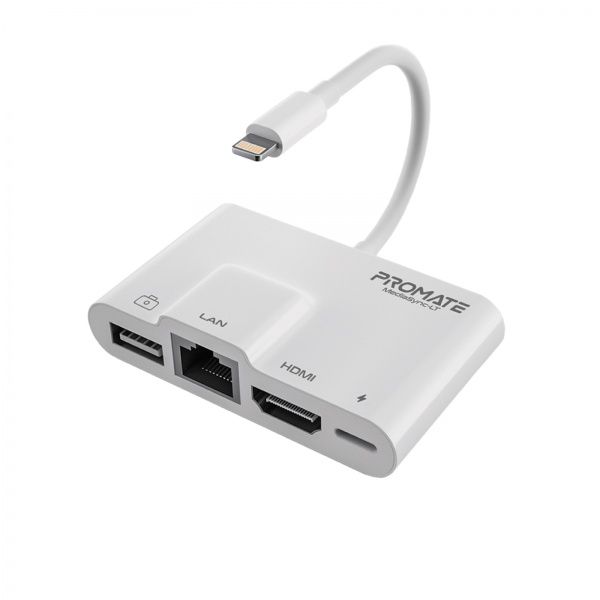 Адаптер Promate MediaSync-LT Lightning to USB 3.0 OTG/RJ45/HDMI/10Вт Lightning-in білий (mediasync-lt.white) 