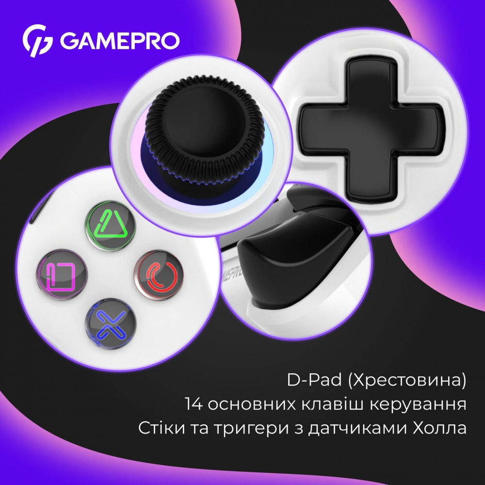 Геймпад бездротовий GamePro GPS13W BT 5.3/USB (PC/iOS/Android/PS3/PS4) RGB white