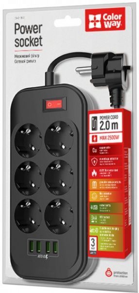 Мережевий фільтр ColorWay 6 гн. чорний 2 м CW-CHE64B 