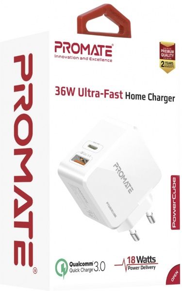 Зарядное устройство Promate PowerCube 36Вт Type-C PD + USB QC3.0 (powercube.white) 